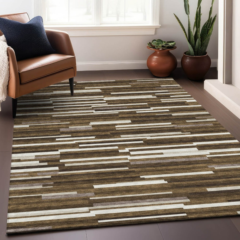HomeRoots 8' X 10' Brown and Ivory Striped Washable Area Rug – Durable, Stain-Resistant, UV-Protected Elegance 671052