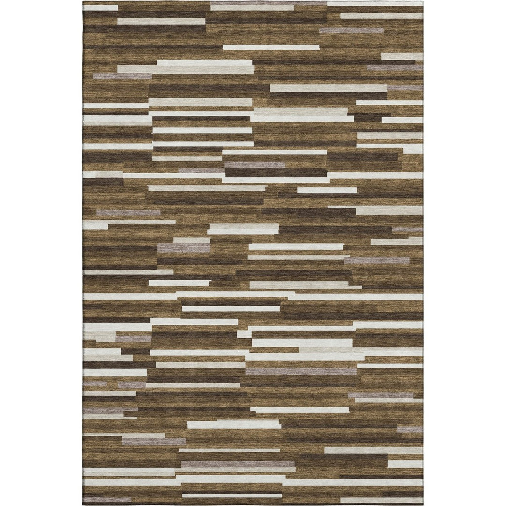 HomeRoots 8' X 10' Brown and Ivory Striped Washable Area Rug – Durable, Stain-Resistant, UV-Protected Elegance 671052