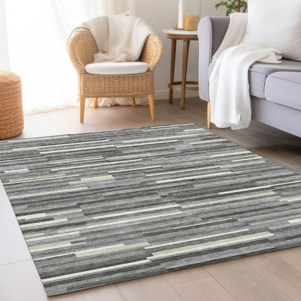 HomeRoots 5' X 8' Gray and Ivory Striped Area Rug – Durable, Stain-Resistant, UV-Protected for Busy Homes 671056