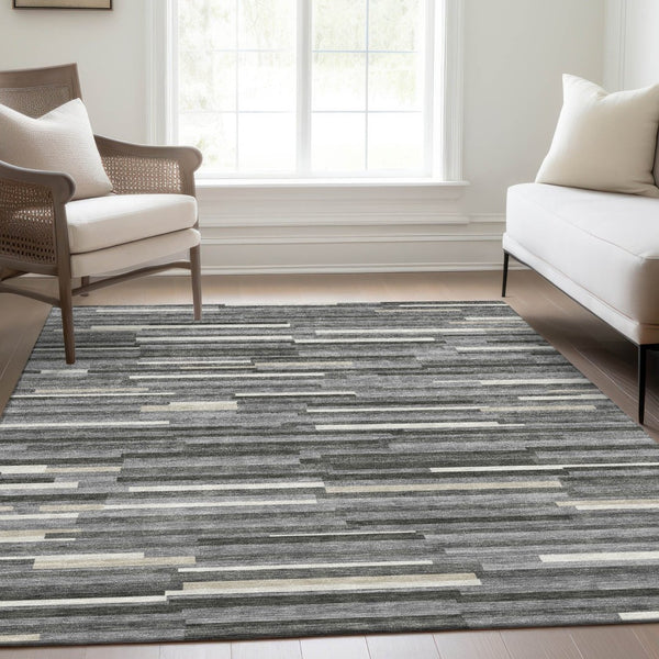 HomeRoots 5' X 8' Gray and Ivory Striped Area Rug – Durable, Stain-Resistant, UV-Protected for Busy Homes 671056