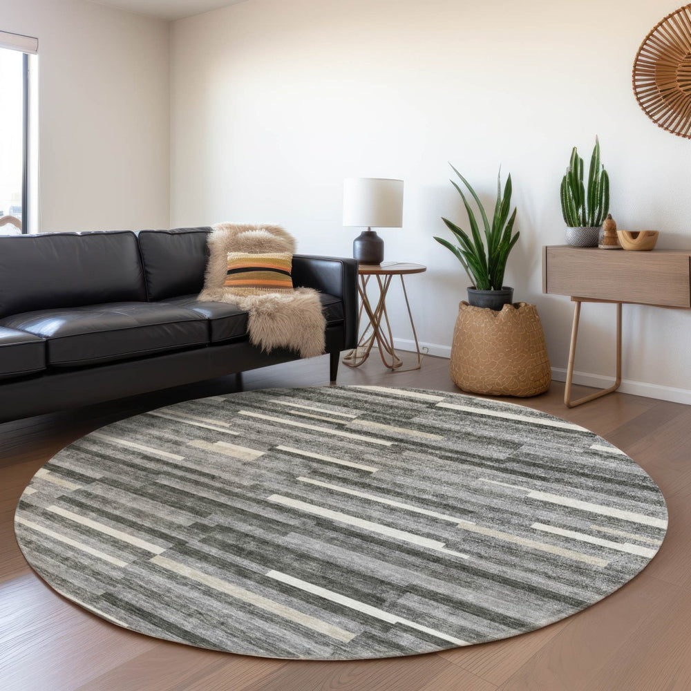 HomeRoots 8' Gray and Ivory Striped Round Rug – Washable, UV Protected, Durable for High-Traffic Areas & More! 671057