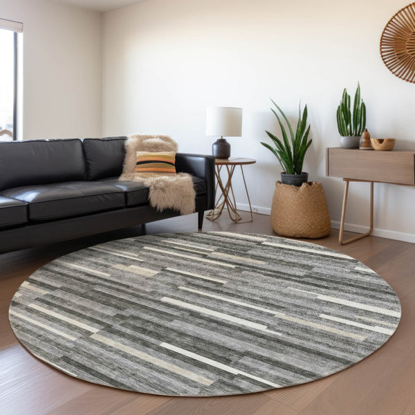 HomeRoots 8' Gray and Ivory Striped Round Rug – Washable, UV Protected, Durable for High-Traffic Areas & More! 671057