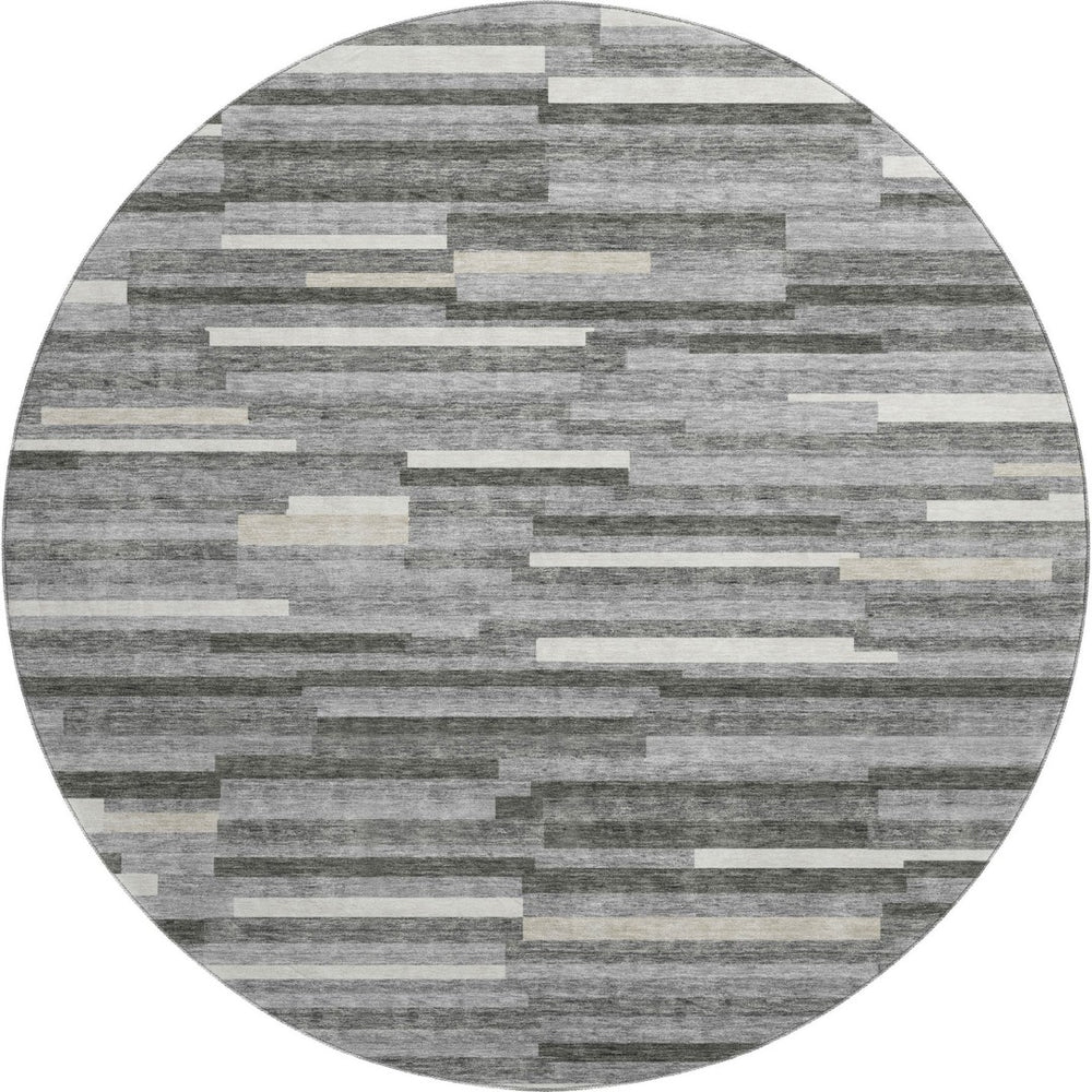 HomeRoots 8' Gray and Ivory Striped Round Rug – Washable, UV Protected, Durable for High-Traffic Areas & More! 671057