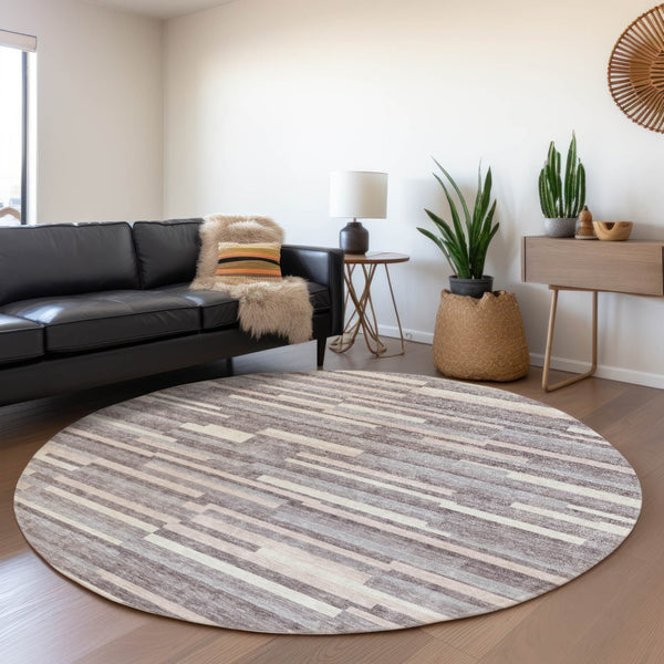 HomeRoots 8' Elegant Lavender and Ivory Striped Washable Round Rug with UV Protection for Every Space 671063