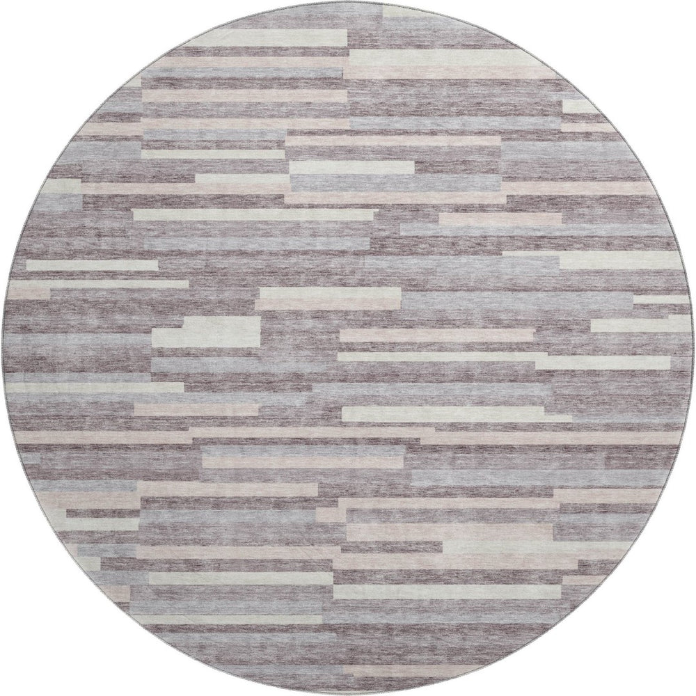HomeRoots 8' Elegant Lavender and Ivory Striped Washable Round Rug with UV Protection for Every Space 671063
