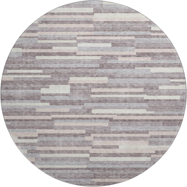 HomeRoots 8' Elegant Lavender and Ivory Striped Washable Round Rug with UV Protection for Every Space 671063