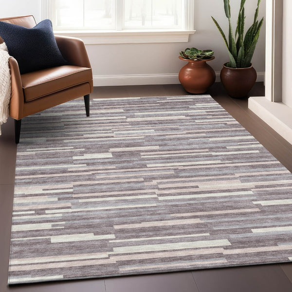 HomeRoots 9' X 12' Lavender and Ivory Striped Area Rug – Durable, Washable, UV Protected for Modern Living Spaces 671065