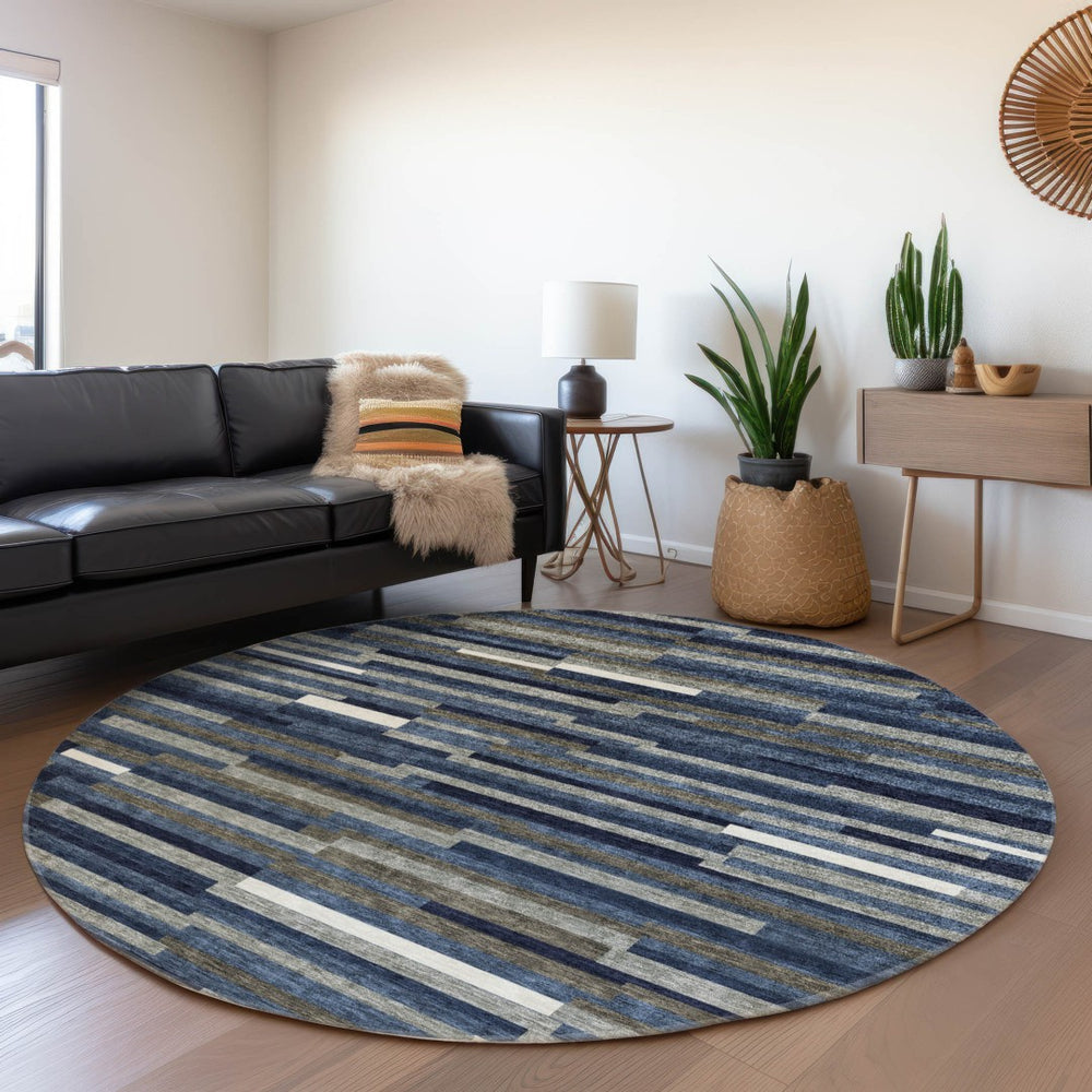 HomeRoots 8' Navy Blue Ivory Gray Striped Washable Round Rug with UV Protection for Stylish Indoor Spaces 671069