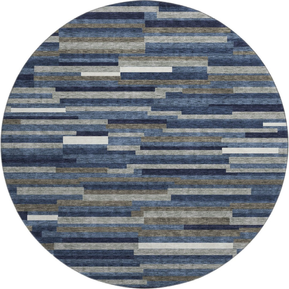 HomeRoots 8' Navy Blue Ivory Gray Striped Washable Round Rug with UV Protection for Stylish Indoor Spaces 671069