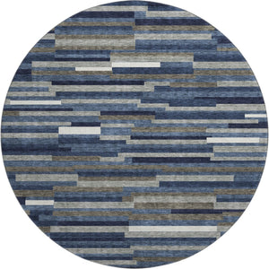 HomeRoots 8' Navy Blue Ivory Gray Striped Washable Round Rug with UV Protection for Stylish Indoor Spaces 671069