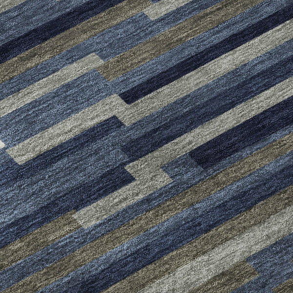 HomeRoots 8' Navy Blue Ivory Gray Striped Washable Round Rug with UV Protection for Stylish Indoor Spaces 671069