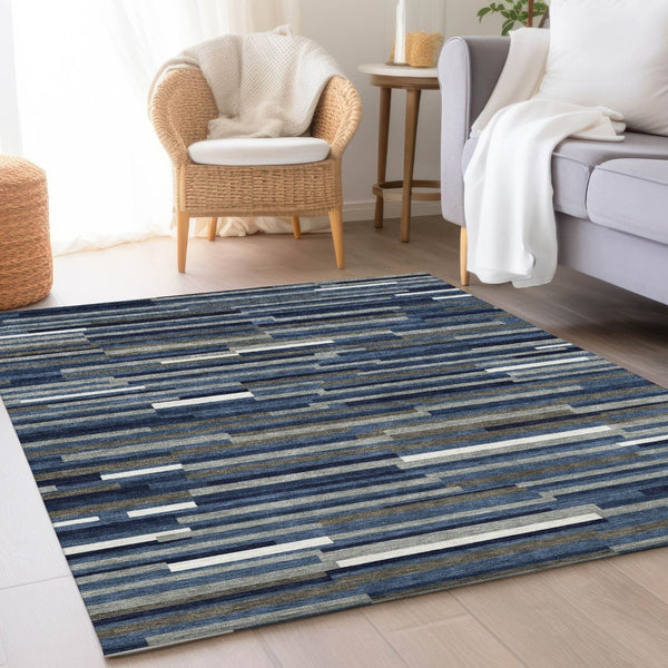 HomeRoots 8' X 10' Navy Blue, Ivory & Gray Striped Area Rug - Durable, Washable, UV Resistant for Homes 671070