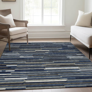 HomeRoots 8' X 10' Navy Blue, Ivory & Gray Striped Area Rug - Durable, Washable, UV Resistant for Homes 671070
