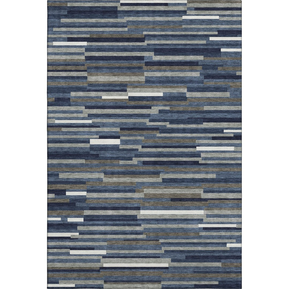 HomeRoots 10' X 14' Navy Blue Ivory and Gray Striped Area Rug - Washable, UV Protected, Easy Care for Families 671072
