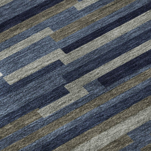 HomeRoots 10' X 14' Navy Blue Ivory and Gray Striped Area Rug - Washable, UV Protected, Easy Care for Families 671072