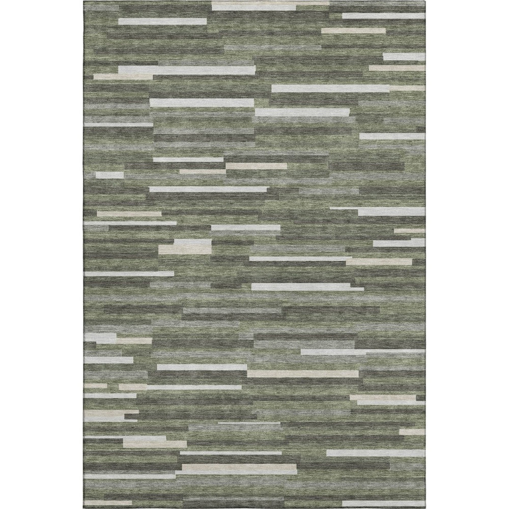 HomeRoots 5' X 8' Olive Green, Ivory & Gray Striped Washable Area Rug – UV-Resistant, Stain-Proof & Stylish! 671074