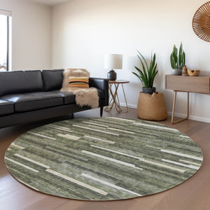 HomeRoots 8' Olive Green, Ivory & Gray Striped Washable Round Rug - UV-Protected, Durable & Stylish Accent Piece 671075