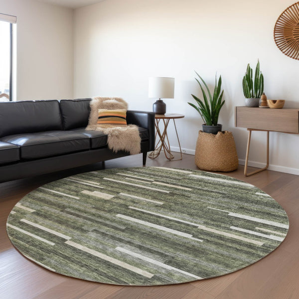 HomeRoots 8' Olive Green, Ivory & Gray Striped Washable Round Rug - UV-Protected, Durable & Stylish Accent Piece 671075