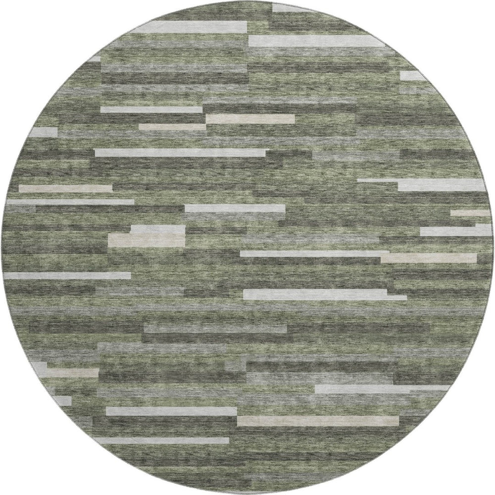 HomeRoots 8' Olive Green, Ivory & Gray Striped Washable Round Rug - UV-Protected, Durable & Stylish Accent Piece 671075