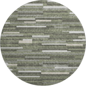 HomeRoots 8' Olive Green, Ivory & Gray Striped Washable Round Rug - UV-Protected, Durable & Stylish Accent Piece 671075