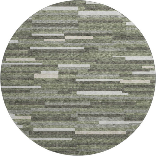 HomeRoots 8' Olive Green, Ivory & Gray Striped Washable Round Rug - UV-Protected, Durable & Stylish Accent Piece 671075
