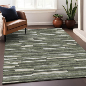 HomeRoots 10' Olive Green, Ivory & Gray Striped Washable Area Rug – Durable, Stain-Resistant, UV Protected! 671078