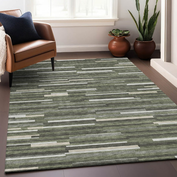 HomeRoots 10' Olive Green, Ivory & Gray Striped Washable Area Rug – Durable, Stain-Resistant, UV Protected! 671078