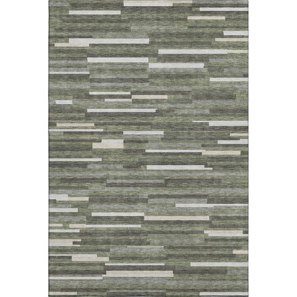 HomeRoots 10' Olive Green, Ivory & Gray Striped Washable Area Rug – Durable, Stain-Resistant, UV Protected! 671078