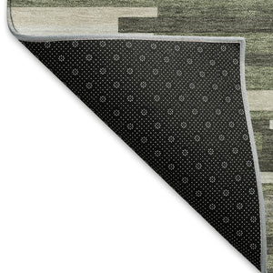 HomeRoots 10' Olive Green, Ivory & Gray Striped Washable Area Rug – Durable, Stain-Resistant, UV Protected! 671078