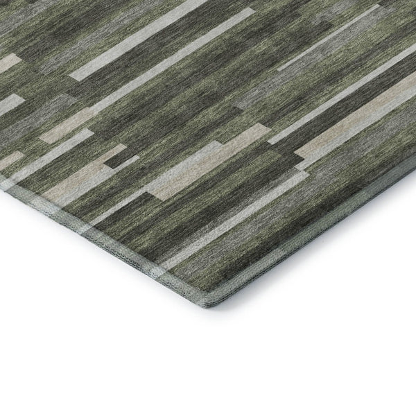 HomeRoots 10' Olive Green, Ivory & Gray Striped Washable Area Rug – Durable, Stain-Resistant, UV Protected! 671078