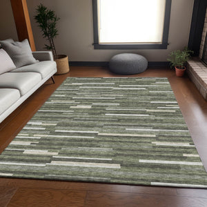 HomeRoots 10' Olive Green, Ivory & Gray Striped Washable Area Rug – Durable, Stain-Resistant, UV Protected! 671078