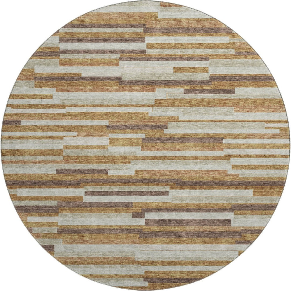 HomeRoots 8' Washable Round Rug with Rust, Ivory & Beige Stripes - UV Protection & Stain Resistant Design 671081