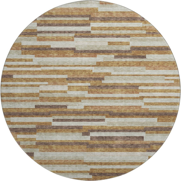 HomeRoots 8' Washable Round Rug with Rust, Ivory & Beige Stripes - UV Protection & Stain Resistant Design 671081