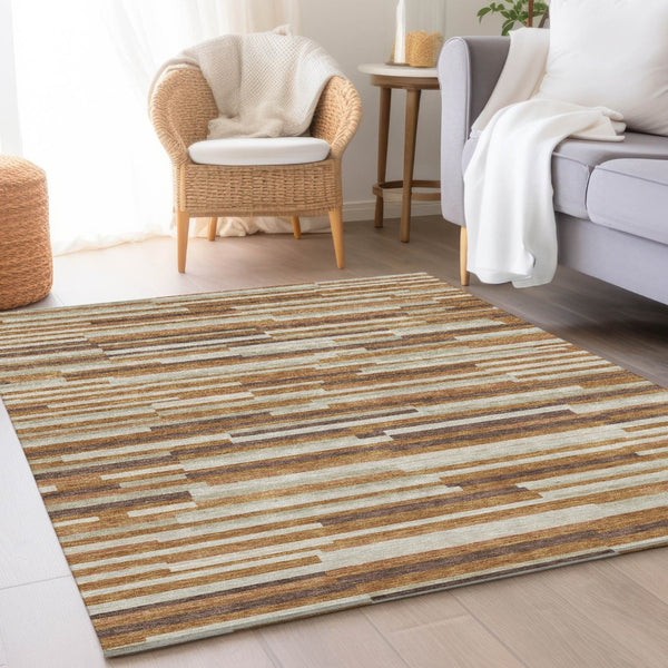 HomeRoots 10' X 14' Rust Ivory & Beige Striped Washable Area Rug - UV Protected, Durable & Stylish for Homes 671084