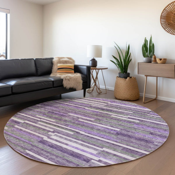 HomeRoots 8' Washable Round Rug in Purple, Ivory & Gray Stripes - UV Protected, Stain-Resistant & Durable! 671087