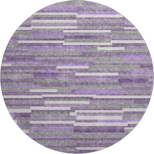 HomeRoots 8' Washable Round Rug in Purple, Ivory & Gray Stripes - UV Protected, Stain-Resistant & Durable! 671087