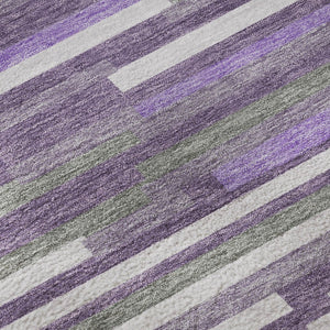 HomeRoots 8' Washable Round Rug in Purple, Ivory & Gray Stripes - UV Protected, Stain-Resistant & Durable! 671087