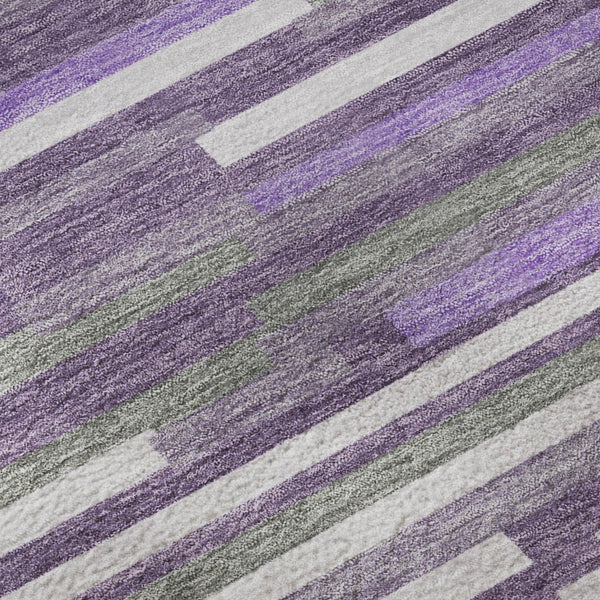 HomeRoots 8' Washable Round Rug in Purple, Ivory & Gray Stripes - UV Protected, Stain-Resistant & Durable! 671087