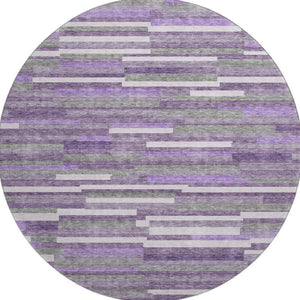 HomeRoots 8' Washable Round Rug in Purple, Ivory & Gray Stripes - UV Protected, Stain-Resistant & Durable! 671087