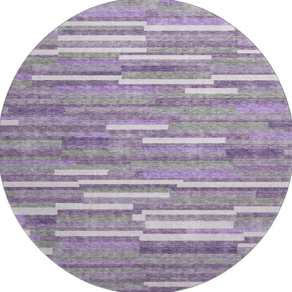 HomeRoots 8' Washable Round Rug in Purple, Ivory & Gray Stripes - UV Protected, Stain-Resistant & Durable! 671087