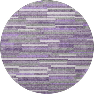 HomeRoots 8' Washable Round Rug in Purple, Ivory & Gray Stripes - UV Protected, Stain-Resistant & Durable! 671087