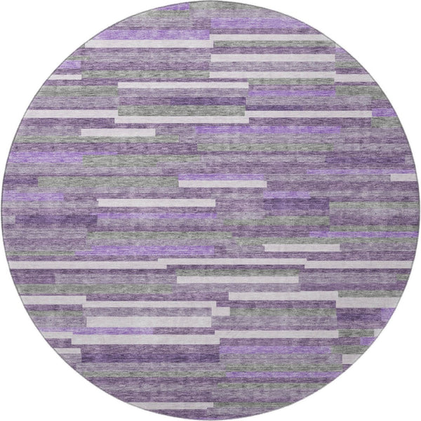 HomeRoots 8' Washable Round Rug in Purple, Ivory & Gray Stripes - UV Protected, Stain-Resistant & Durable! 671087