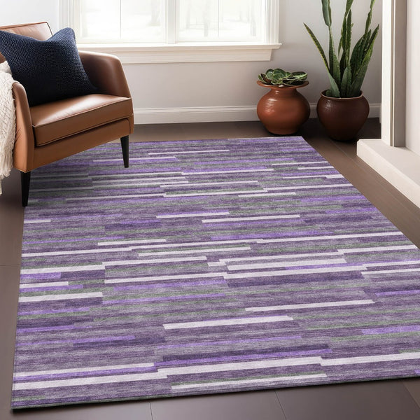 HomeRoots 10' X 14' Purple Ivory and Gray Striped Washable Area Rug with UV Protection for Busy Homes 671090