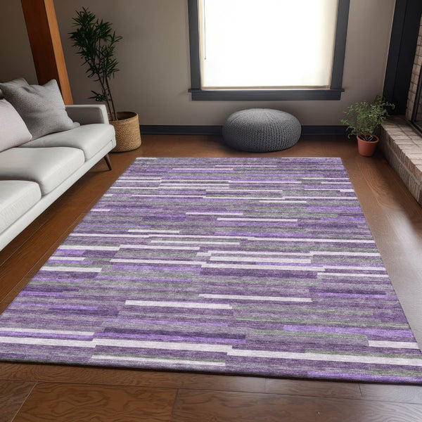 HomeRoots 10' X 14' Purple Ivory and Gray Striped Washable Area Rug with UV Protection for Busy Homes 671090