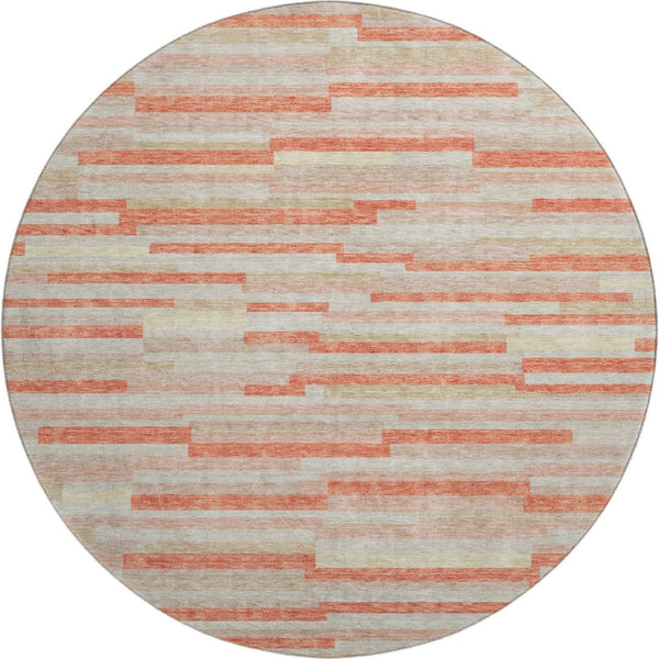 HomeRoots 8' Salmon and Beige Striped Round Rug - Durable, Stain-Resistant, UV-Protected for Stylish Living Spaces 671093