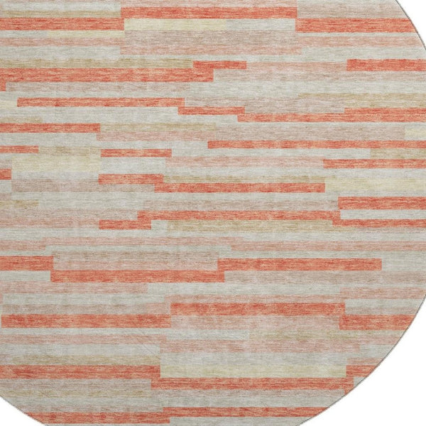 HomeRoots 8' Salmon and Beige Striped Round Rug - Durable, Stain-Resistant, UV-Protected for Stylish Living Spaces 671093
