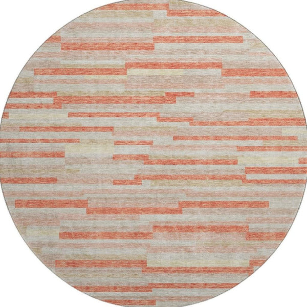 HomeRoots 8' Salmon and Beige Striped Round Rug - Durable, Stain-Resistant, UV-Protected for Stylish Living Spaces 671093