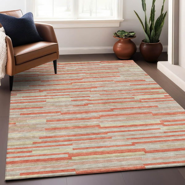 HomeRoots 8' X 10' Salmon and Beige Striped Area Rug - Washable, UV Protected, Durable for High-Traffic Spaces 671094