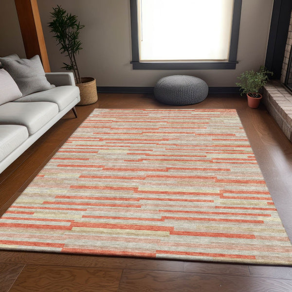 HomeRoots 8' X 10' Salmon and Beige Striped Area Rug - Washable, UV Protected, Durable for High-Traffic Spaces 671094