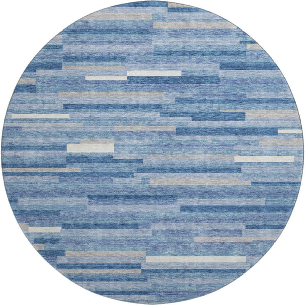 HomeRoots 8' Sky Blue, Ivory & Gray Striped Round Rug - Washable, UV-Resistant, Perfect for Cozy Spaces! 671099